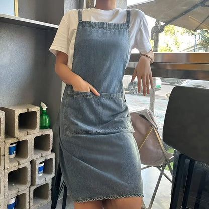 Apron Cotton Denim Adjustable Cross-Back Straps Roomy Pockets