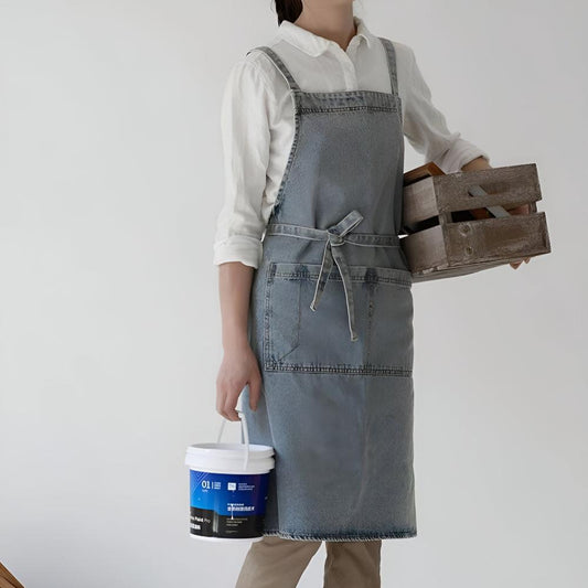 Apron Cotton Denim Adjustable Cross-Back Straps Roomy Pockets