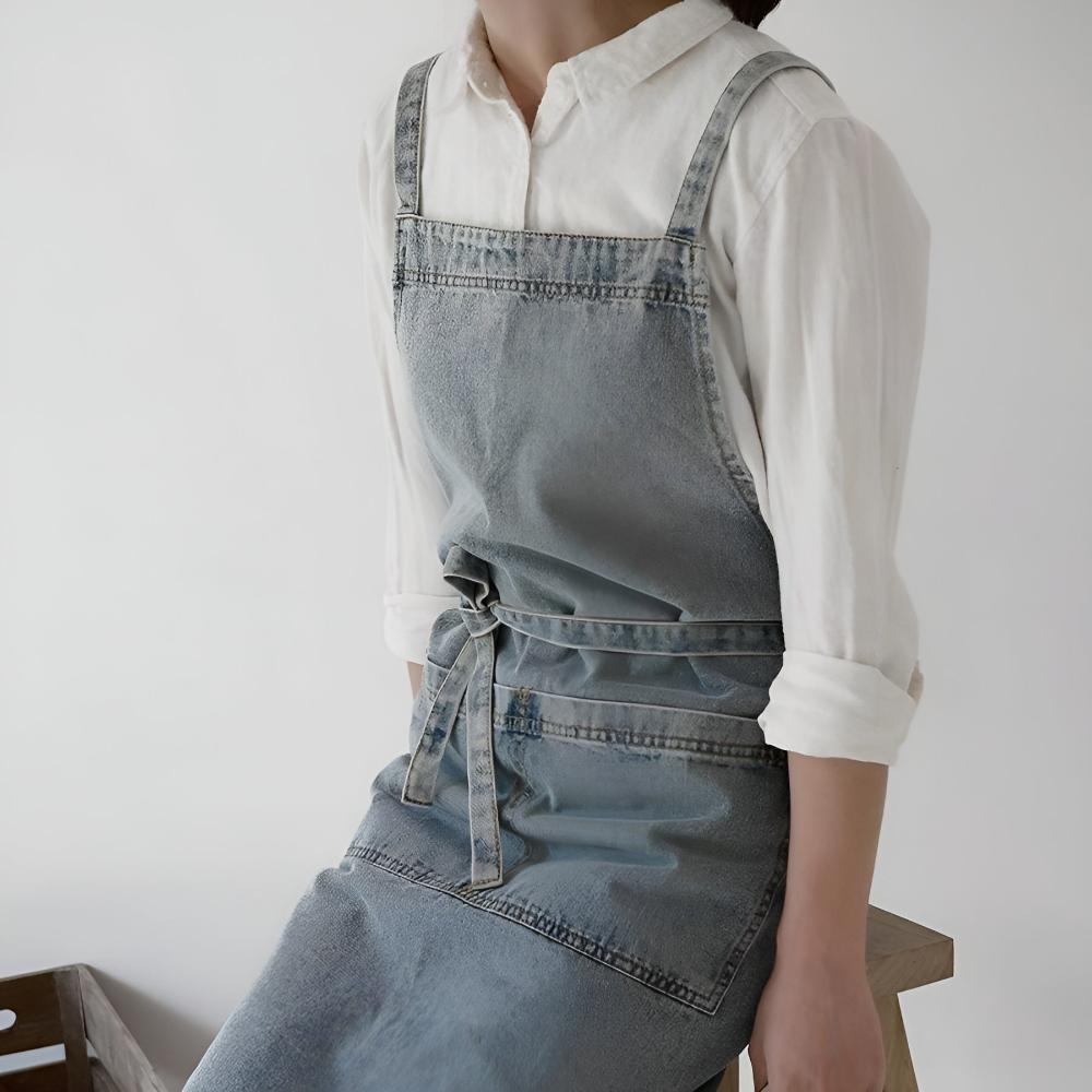 Apron Cotton Denim Adjustable Cross-Back Straps Roomy Pockets