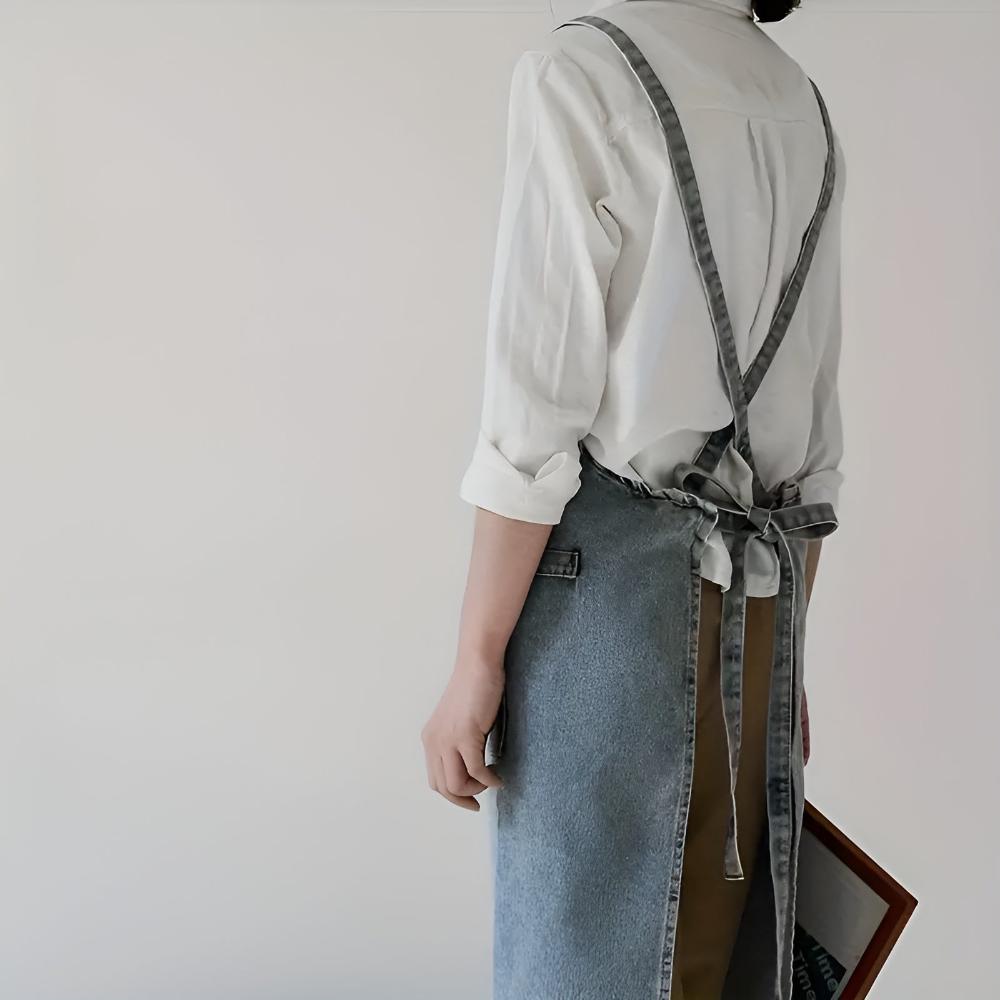 Apron Cotton Denim Adjustable Cross-Back Straps Roomy Pockets
