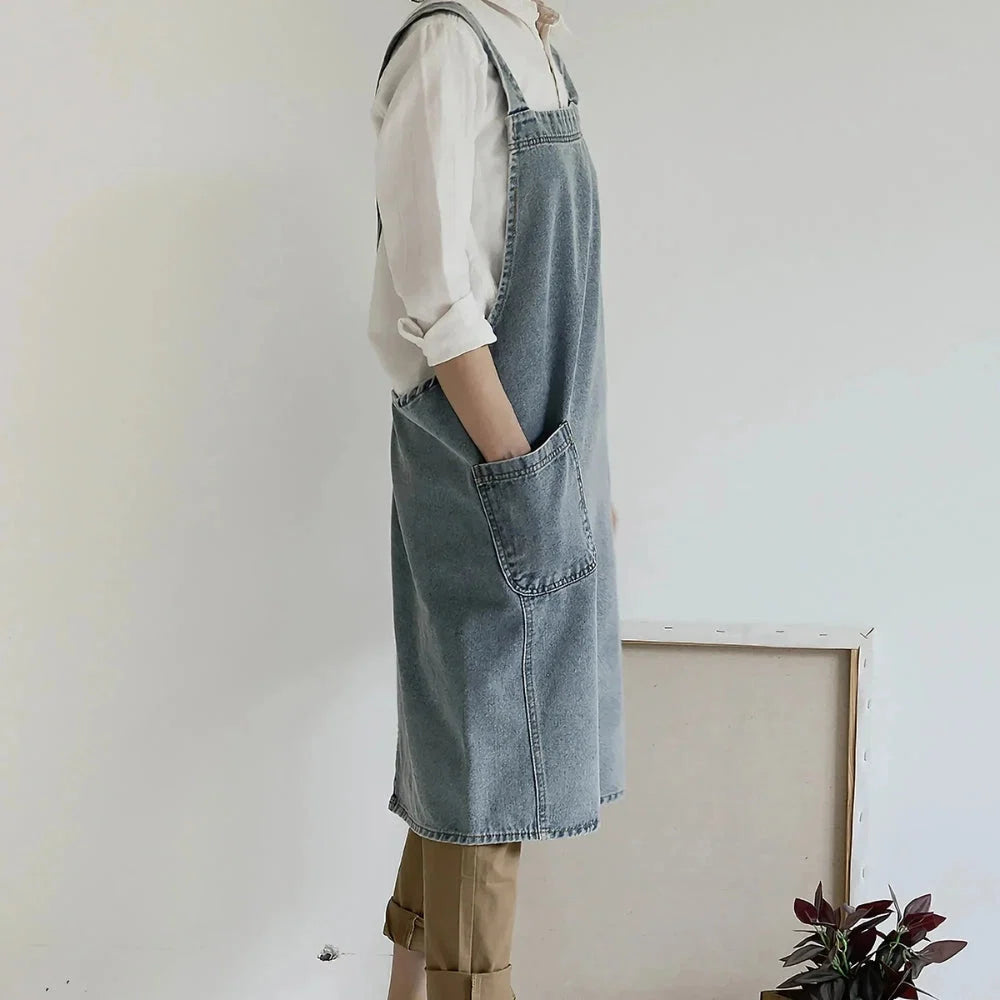 Apron Cotton Denim Two Front Pockets Machine Washable