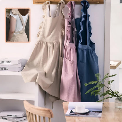 Apron Cotton-Linen Lotus Leaf Lace Two Pockets