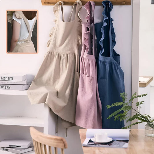 Apron Cotton-Linen Lotus Leaf Lace Two Pockets