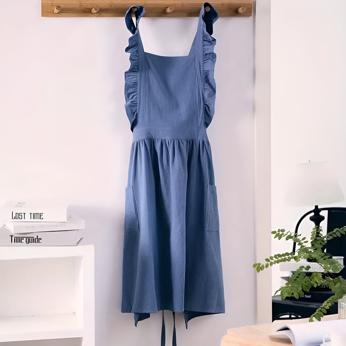 Apron Cotton-Linen Lotus Leaf Lace Two Pockets