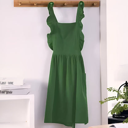 Apron Cotton-Linen Lotus Leaf Lace Two Pockets