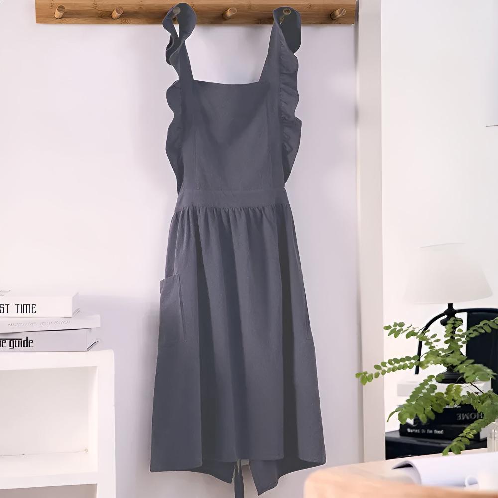 Apron Cotton-Linen Lotus Leaf Lace Two Pockets