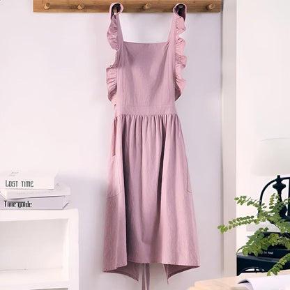 Apron Cotton-Linen Lotus Leaf Lace Two Pockets