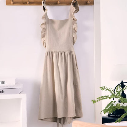 Apron Cotton-Linen Lotus Leaf Lace Two Pockets