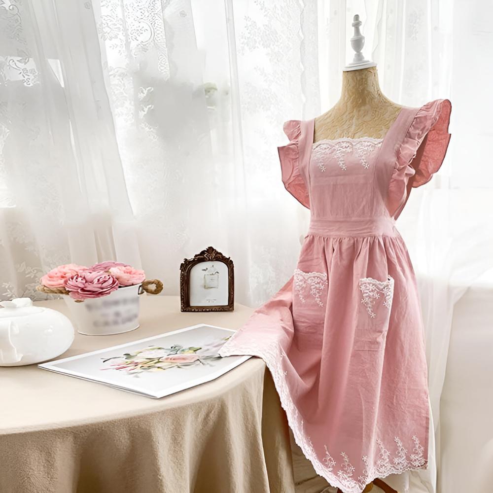 Apron Cross-Back Ruffle Cotton Two Pockets