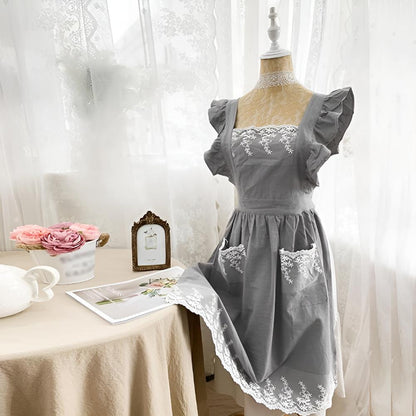 Apron Cross-Back Ruffle Cotton Two Pockets