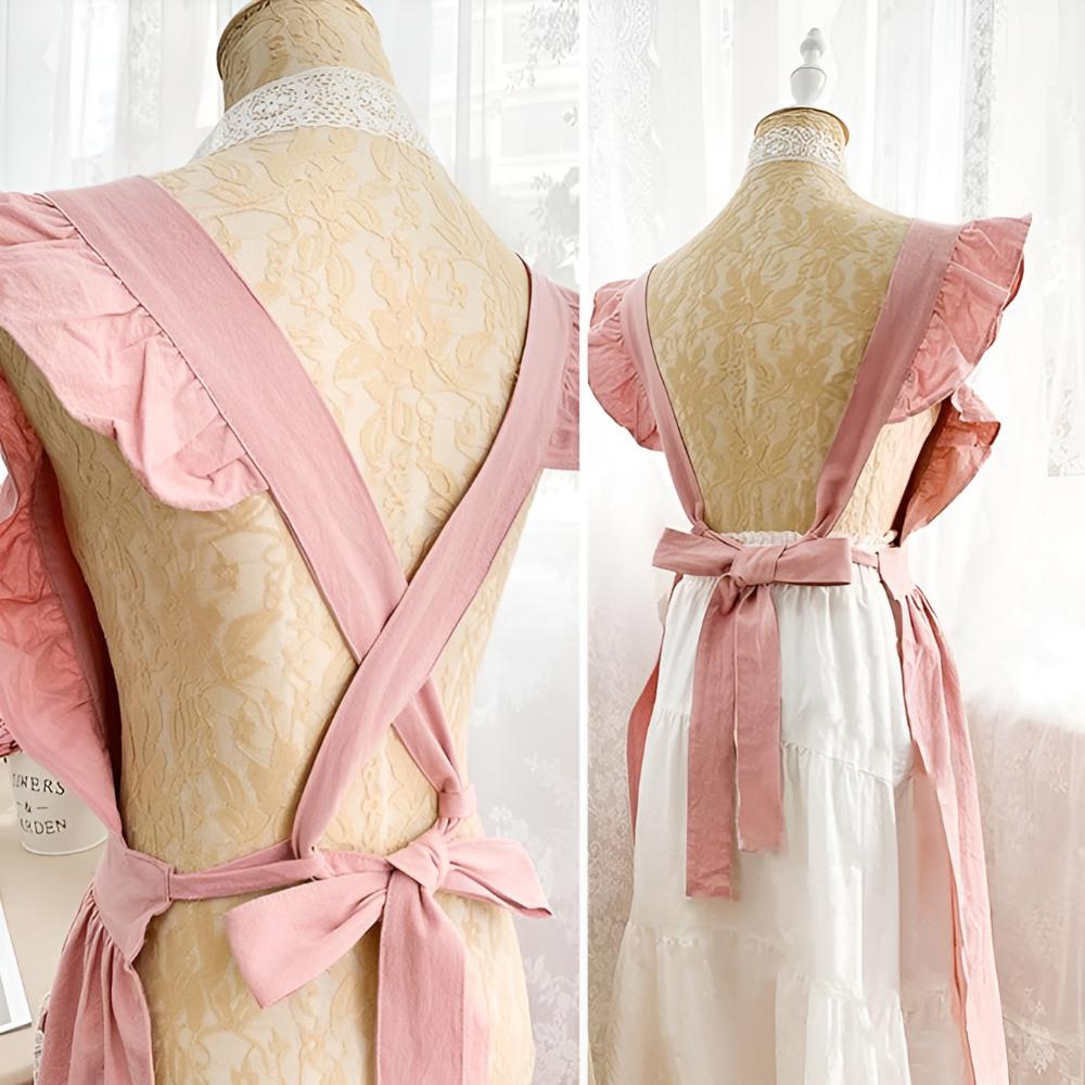 Apron Cross-Back Ruffle Cotton Two Pockets