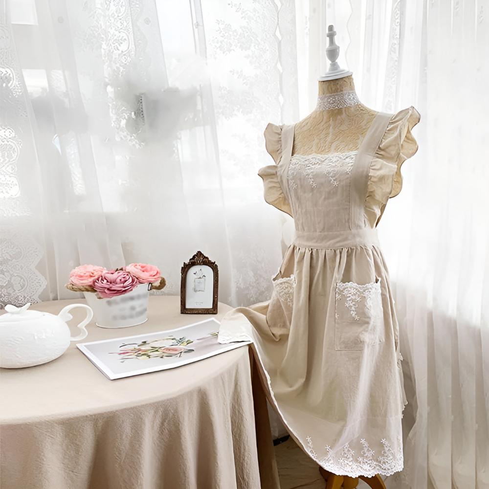 Apron Cross-Back Ruffle Cotton Two Pockets
