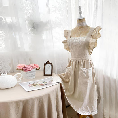 Apron Cross-Back Ruffle Cotton Two Pockets