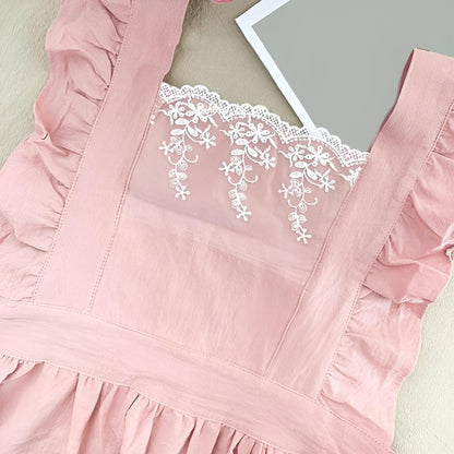 Apron Cross-Back Ruffle Cotton Two Pockets