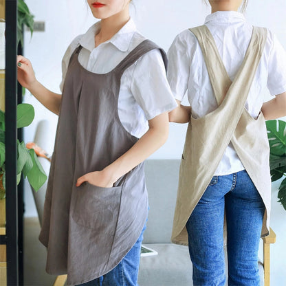 Apron Dress Cross-Back Cotton-Linen Two Front Pockets