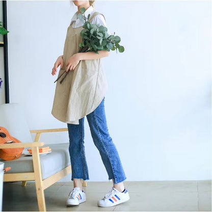 Apron Dress Cross-Back Cotton-Linen Two Front Pockets