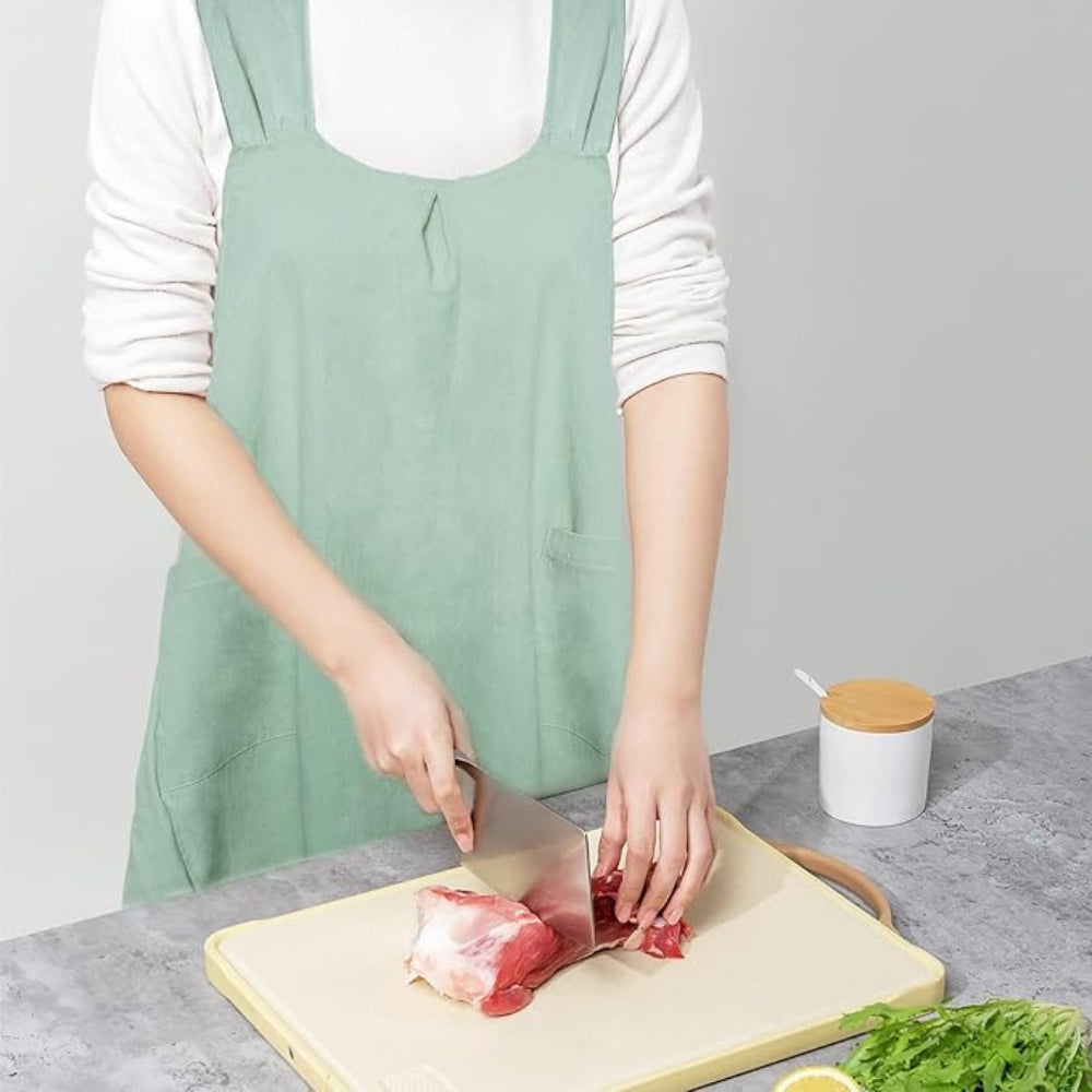 Apron Dress Cross-Back Cotton-Linen Two Front Pockets