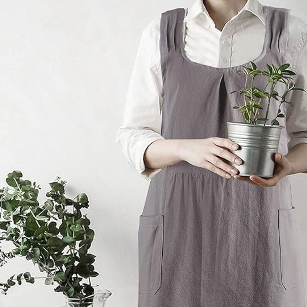 Apron Dress Cross-Back Cotton-Linen Two Front Pockets