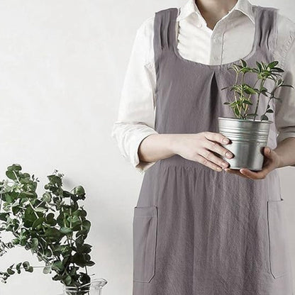 Apron Dress Cross-Back Cotton-Linen Two Front Pockets
