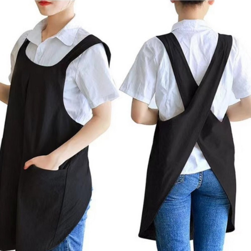 Apron Dress Cross-Back Cotton-Linen Two Front Pockets