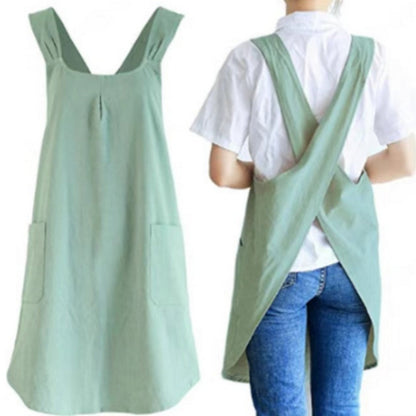 Apron Dress Cross-Back Cotton-Linen Two Front Pockets