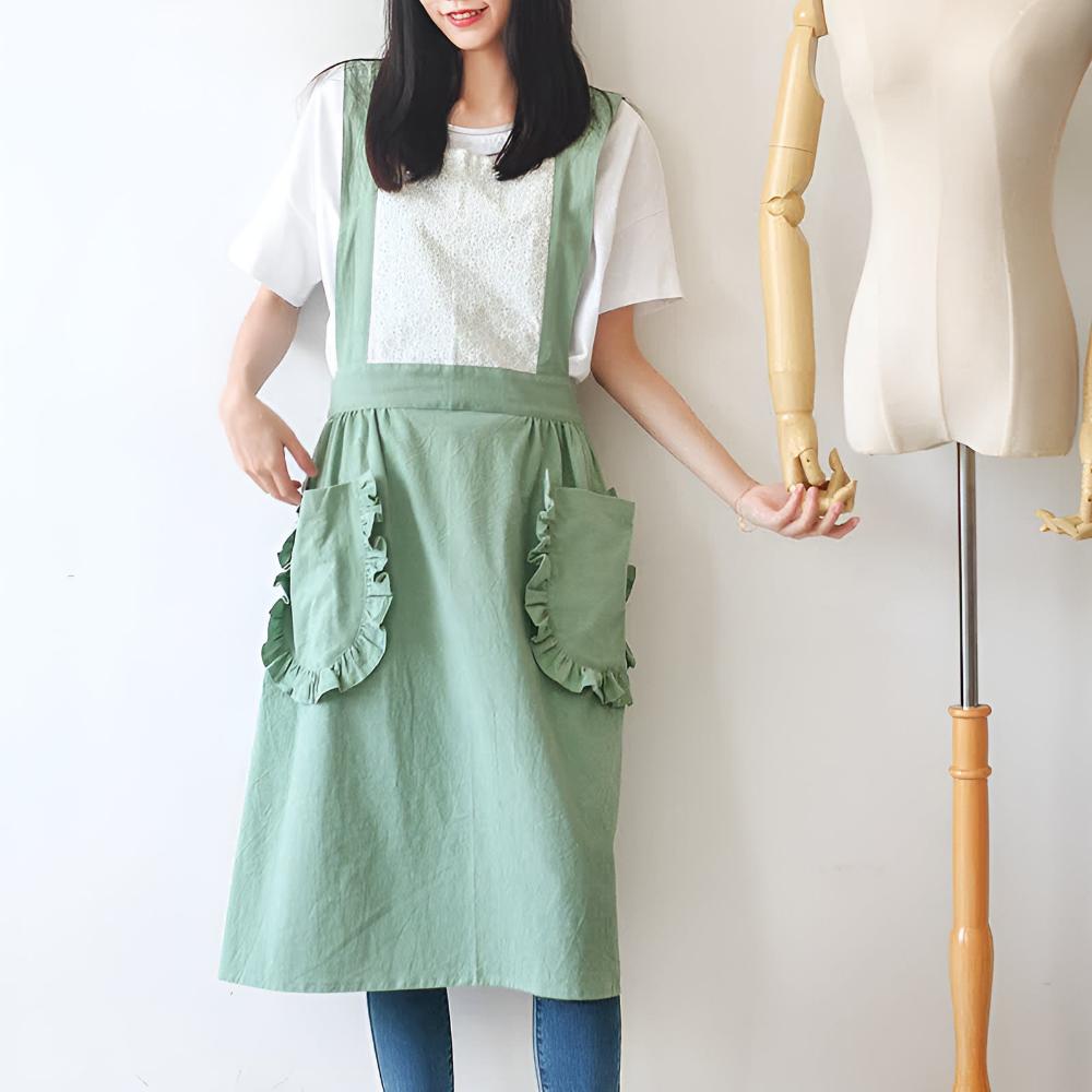 Apron Ruffled Pockets Cotton-Linen Blend Adjustable Straps