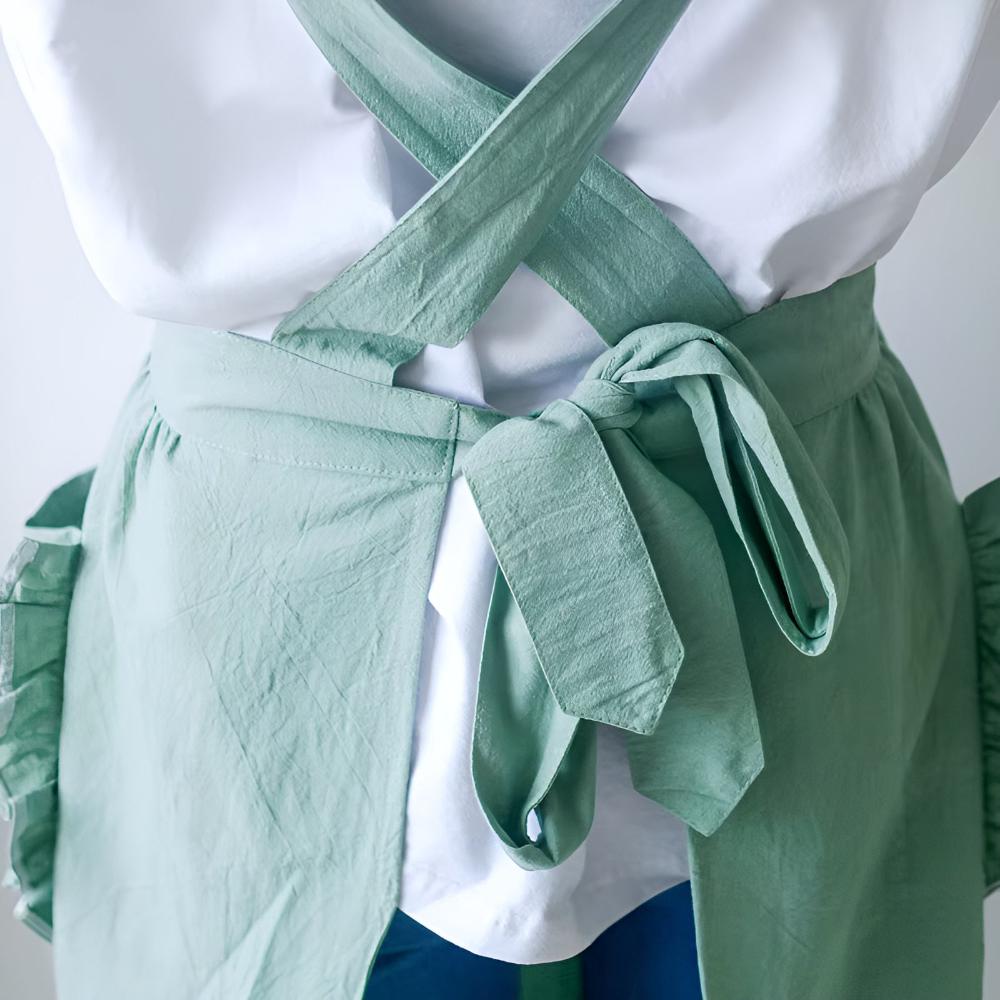 Apron Ruffled Pockets Cotton-Linen Blend Adjustable Straps