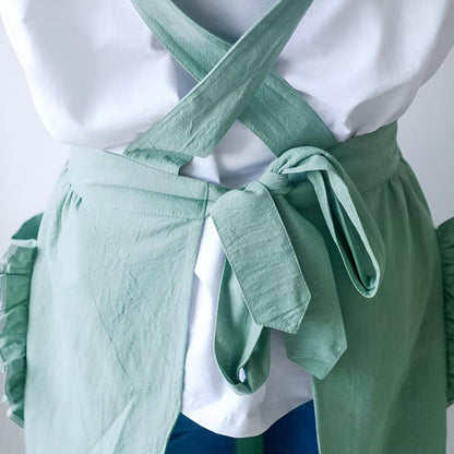 Apron Ruffled Pockets Cotton-Linen Blend Adjustable Straps
