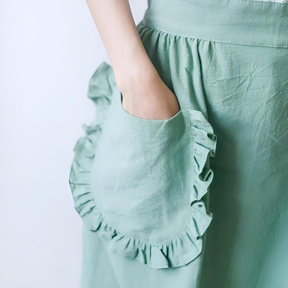 Apron Ruffled Pockets Cotton-Linen Blend Adjustable Straps
