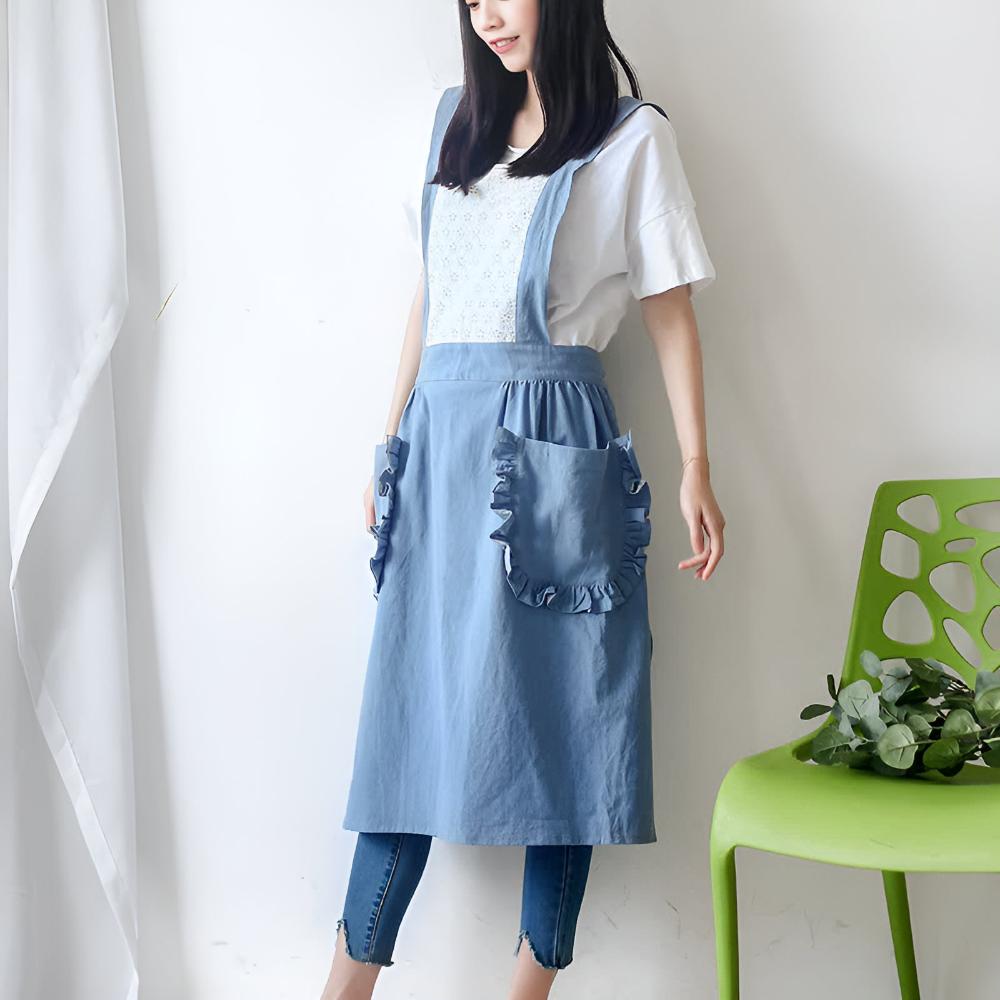 Apron Ruffled Pockets Cotton-Linen Blend Adjustable Straps