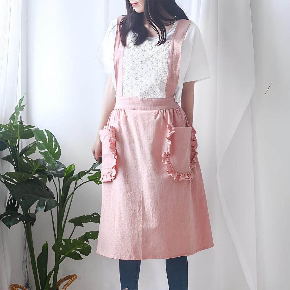 Apron Ruffled Pockets Cotton-Linen Blend Adjustable Straps