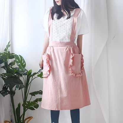 Apron Ruffled Pockets Cotton-Linen Blend Adjustable Straps