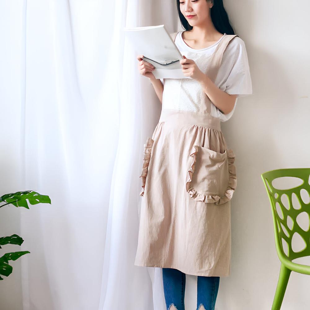 Apron Ruffled Pockets Cotton-Linen Blend Adjustable Straps