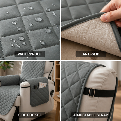 Armchair Cover Quilted Waterproof Anti-Slip Side Pocket