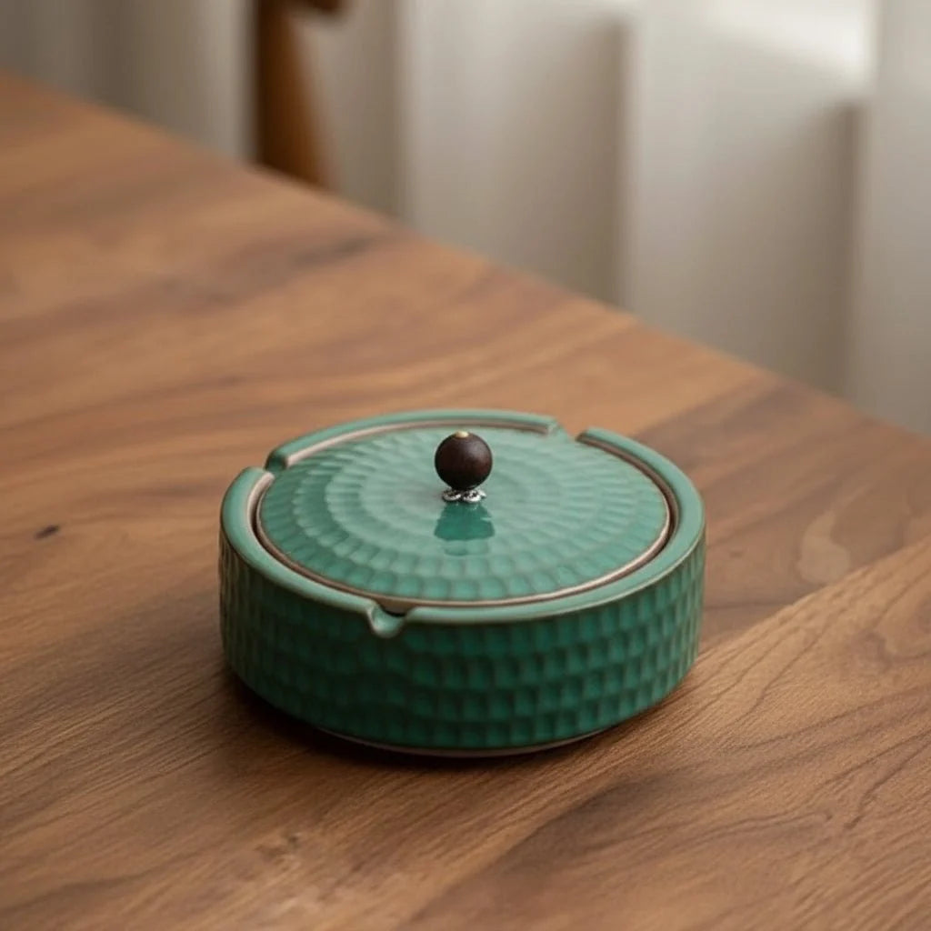 Ashtray Glazed Ceramic Wooden Lid Deep Bowl