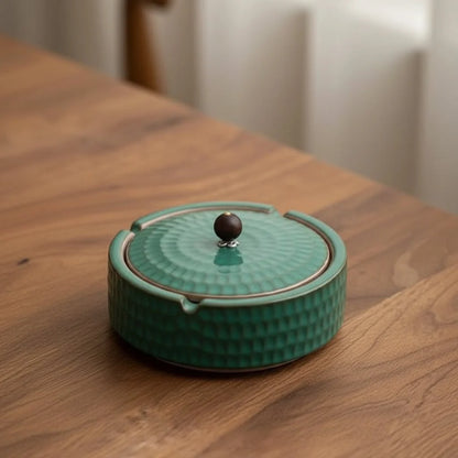 Ashtray Glazed Ceramic Wooden Lid Deep Bowl