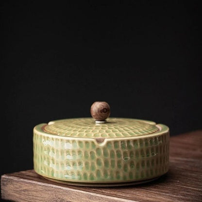 Ashtray Glazed Ceramic Wooden Lid Deep Bowl