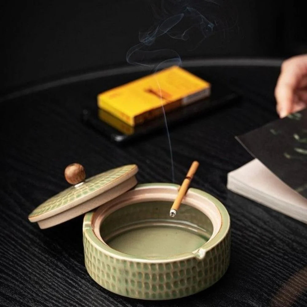 Ashtray Glazed Ceramic Wooden Lid Deep Bowl