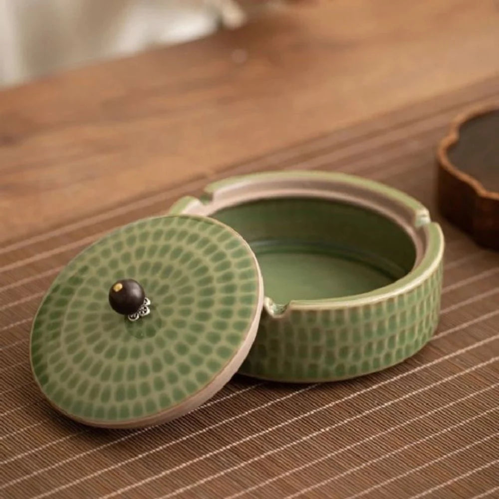 Ashtray Glazed Ceramic Wooden Lid Deep Bowl