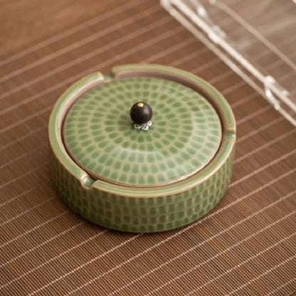 Ashtray Glazed Ceramic Wooden Lid Deep Bowl