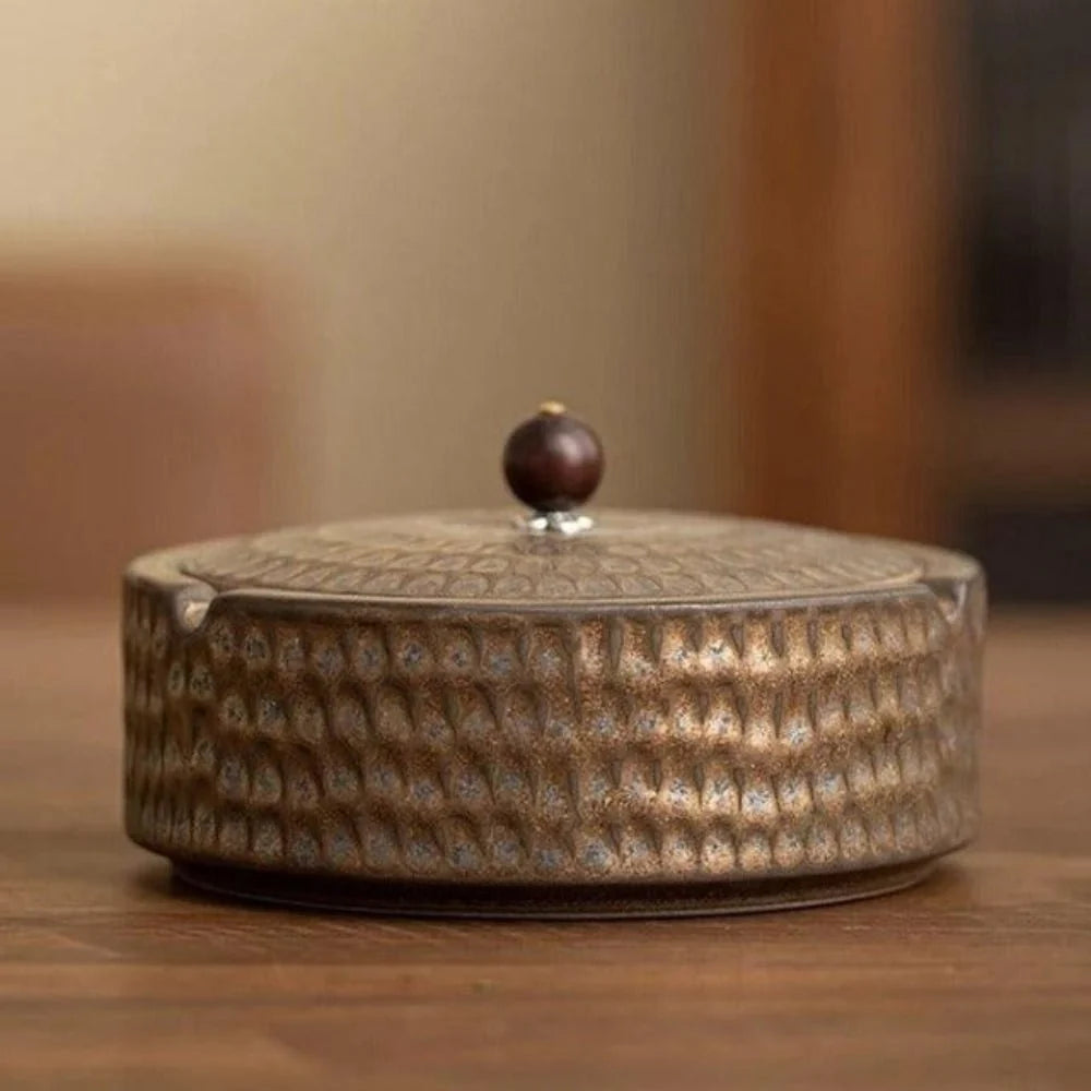 Ashtray Glazed Ceramic Wooden Lid Deep Bowl