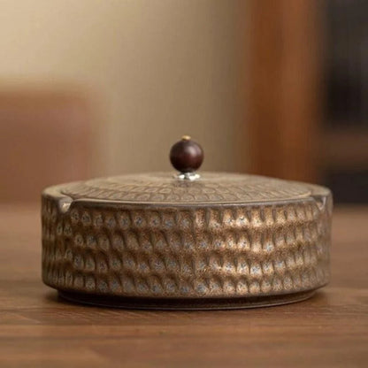 Ashtray Glazed Ceramic Wooden Lid Deep Bowl