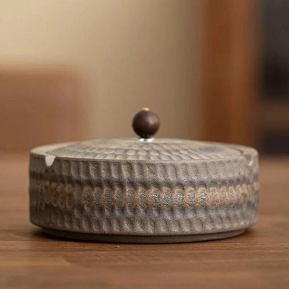 Ashtray Glazed Ceramic Wooden Lid Deep Bowl