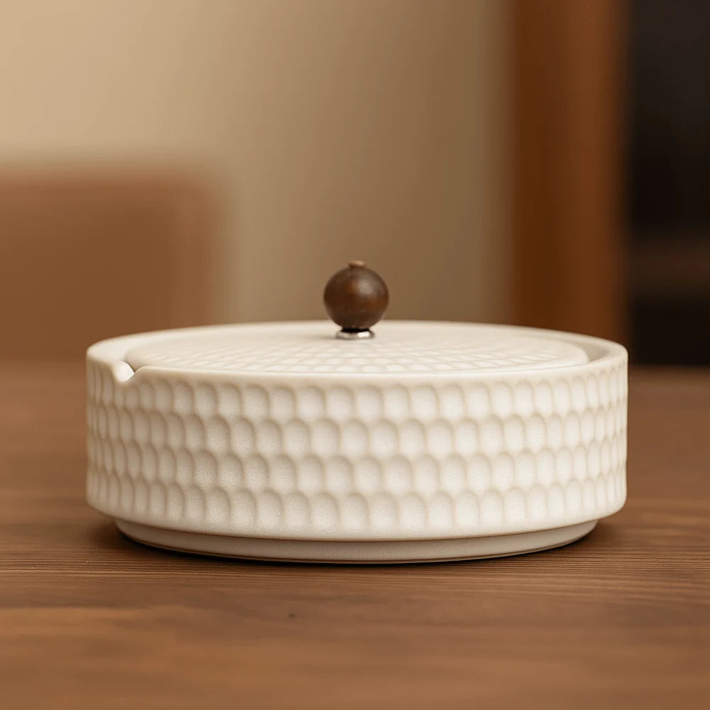 Ashtray Glazed Ceramic Wooden Lid Deep Bowl