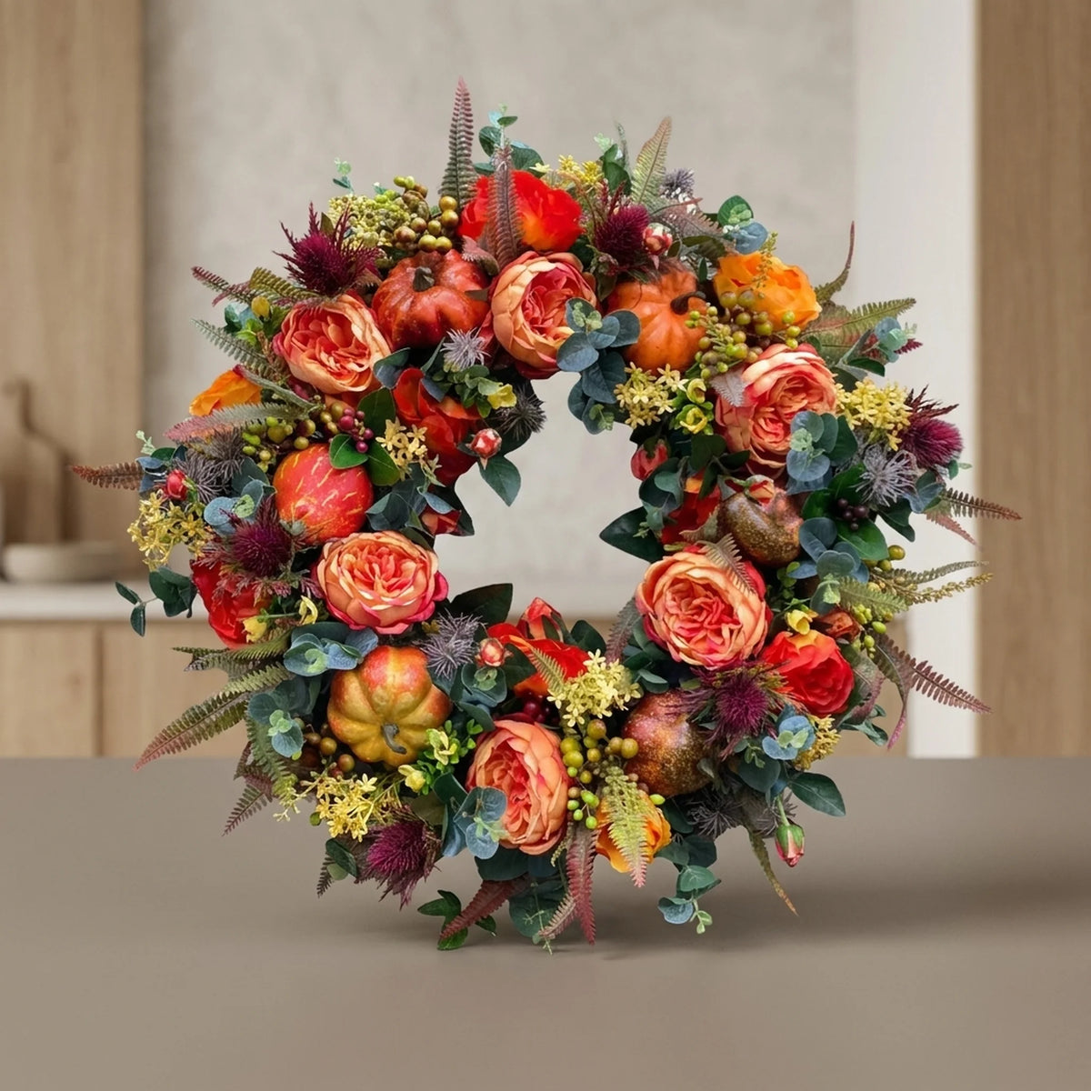 Autumn Wreath Rattan Pumpkin & Leaf Design 15.7 Inch