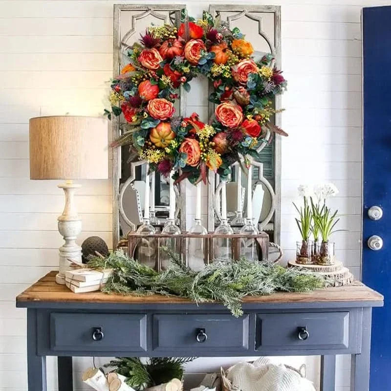 Autumn Wreath Rattan Pumpkin & Leaf Design 15.7 Inch