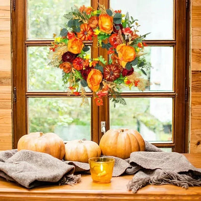 Autumn Wreath Rattan Pumpkin & Leaf Design 15.7 Inch