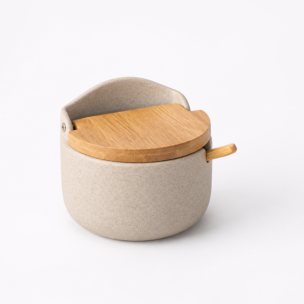 Bamboo-Lid Ceramic Spice Jar (With Scoop)