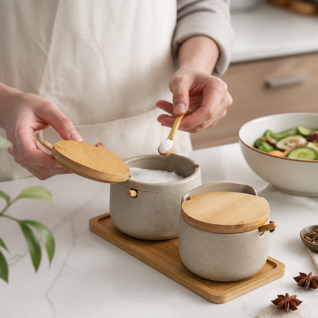 Bamboo-Lid Ceramic Spice Jar (With Scoop)