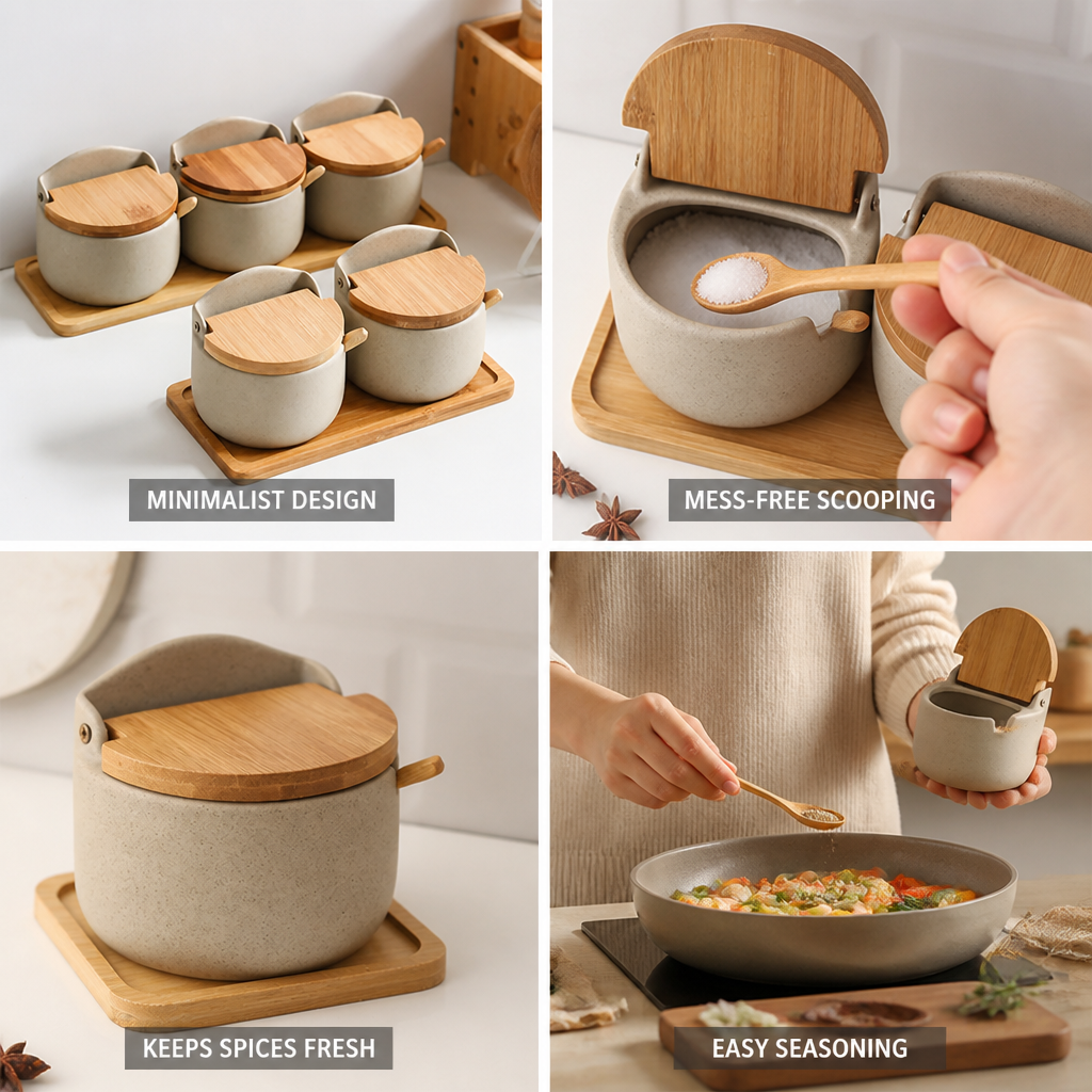 Bamboo-Lid Ceramic Spice Jar (With Scoop)